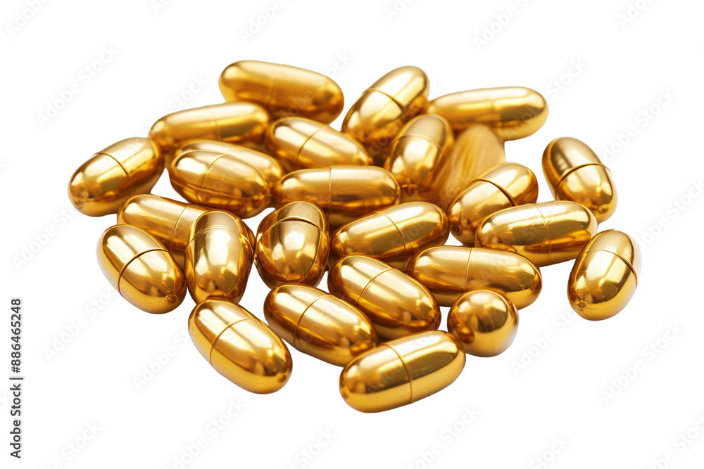 A Scattering of Golden Capsules, Gleaming Under the Studio Light on a White or Clear Surface PNG Transparent Background A Scattering of Golden Capsules, Gleaming Under the Studio Light on a White or Clear Surface PNG Transparent Background