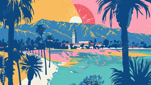 Risograph riso print travel poster, card, wallpaper or banner illustration, modern, isolated, clear, simple of San Bernardino, California, USA. Artistic, screen printing, stencil photo