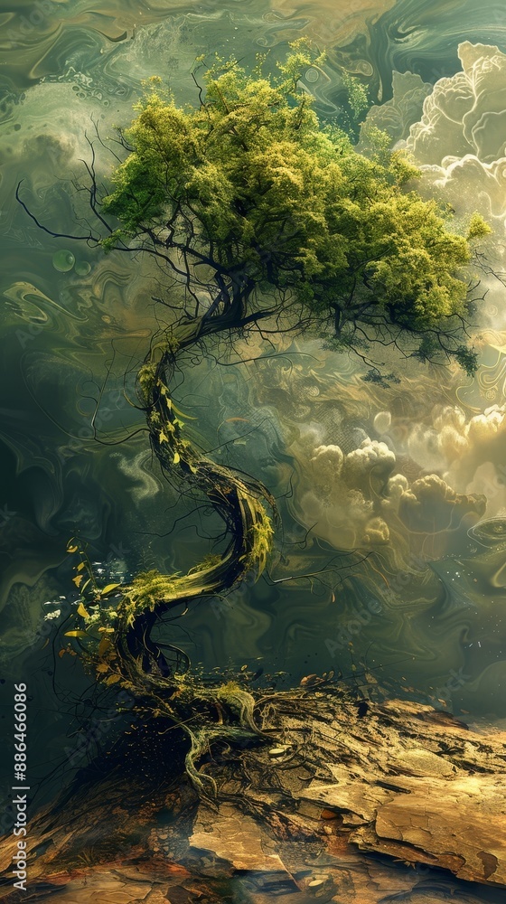 Surreal tree with twisted trunk and lush foliage in mystical landscape painting, depicting fantasy nature scene with clouds and textured details. Surreal tree with twisted trunk and lush foliage in mystical landscape painting, depicting fantasy nature scene with clouds and textured details.