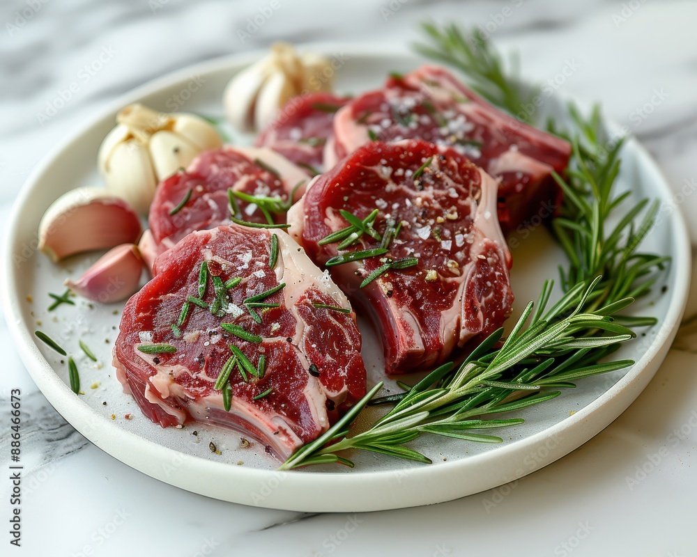Savory Still Life of Raw Lamb Chops Seasoned with Rosemary and Garlic on Marble Countertop Savory Still Life of Raw Lamb Chops Seasoned with Rosemary and Garlic on Marble Countertop