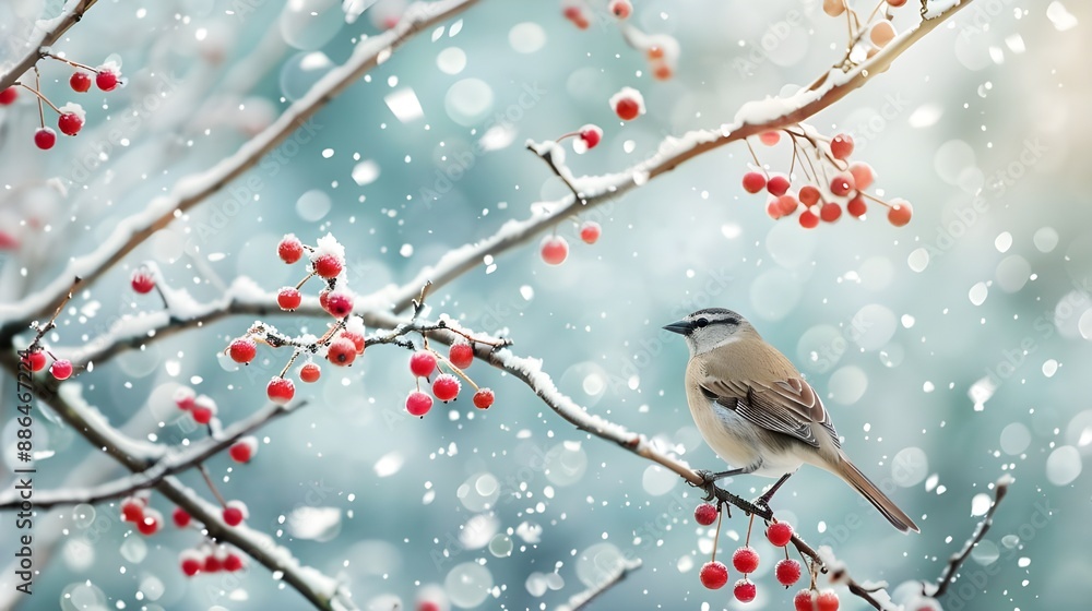 bird on a frosty tree branch with snow red berries in winter, Holiday and Christmas web banner with space bird on a frosty tree branch with snow red berries in winter, Holiday and Christmas web banner with space
