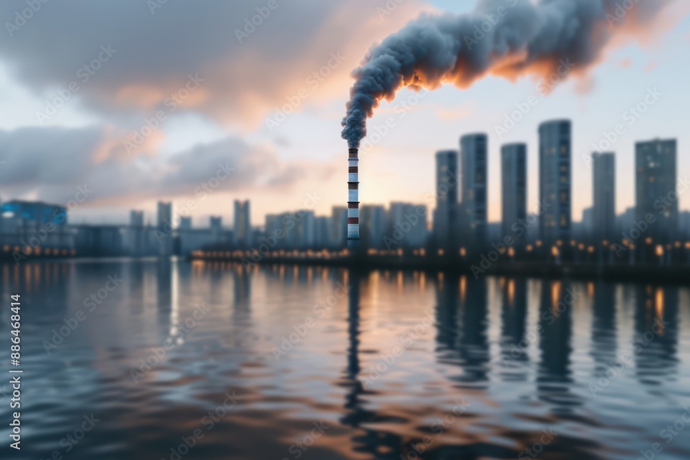 Obraz premium Smoke Stack Pollution Over City Skyline at Sunset, Environmental Impact of Industrial Emissions, Air Pollution, Water Pollution, Climate Change, Industrial, Urban, Cityscape, Environment, Nature
