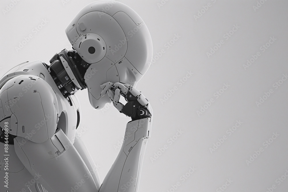 a robot with a hand on his chin a robot with a hand on his chin