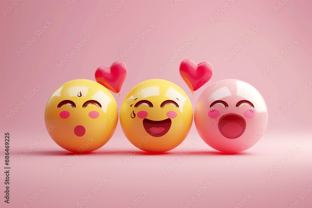 Three cute emoji characters with heart symbols expressing love, happiness, and joy on a pink background. Perfect for Valentine's Day designs. Three cute emoji characters with heart symbols expressing love, happiness, and joy on a pink background. Perfect for Valentine's Day designs.