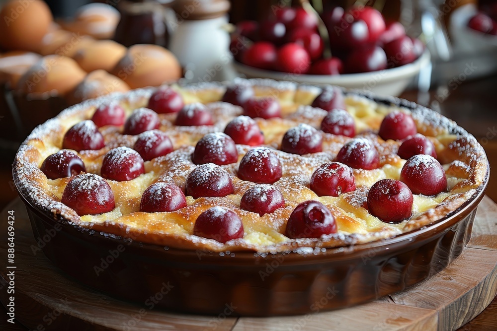 Clafoutis A cherry Clafoutis with a golden, custard-like texture. Served in a rustic baking dish with a dusting of powdered sugar. Clafoutis A cherry Clafoutis with a golden, custard-like texture. Served in a rustic baking dish with a dusting of powdered sugar.