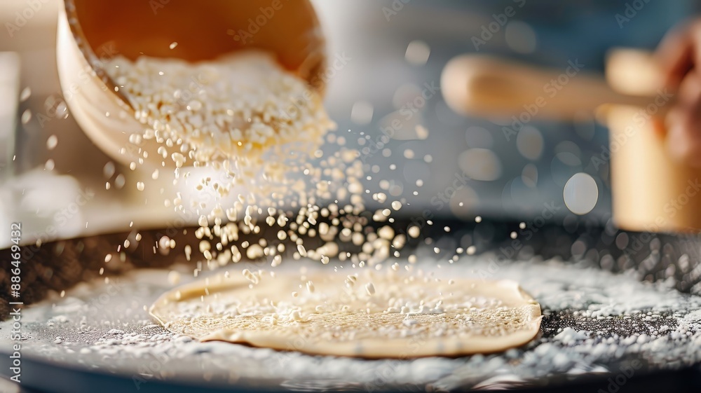 Close-up of crepe batter being poured onto a pan. Close-up of crepe batter being poured onto a pan.
