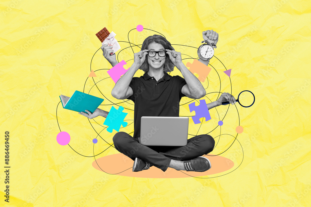 Creative drawing collage picture of funny young man workers multitasking skill freak bizarre unusual fantasy billboard Creative drawing collage picture of funny young man workers multitasking skill freak bizarre unusual fantasy billboard