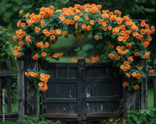 Vibrant Pyrostegia Venusta Vine Blooming Over Garden Gate - High-Quality Still Life Photography photo