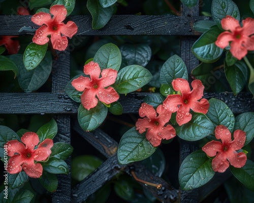 Vibrant Ixora Finlaysoniana Vine with Red Flowers Adorning Garden Trellis photo