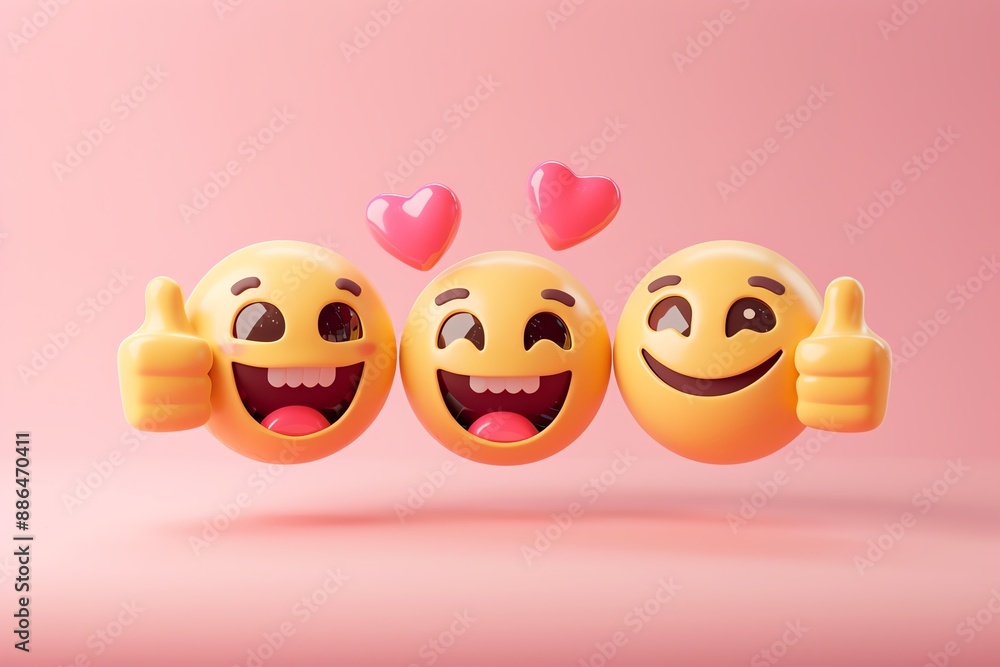 Three smiling emojis with hearts floating above them, showing thumbs up and happiness on a pink background. Three smiling emojis with hearts floating above them, showing thumbs up and happiness on a pink background.