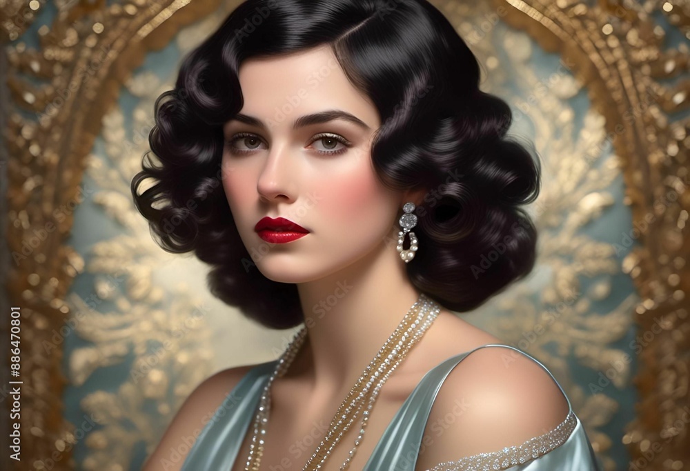 Φωτογραφία Portrait of a woman with vintage hairstyle, wearing elegant jewelry and a blue dress