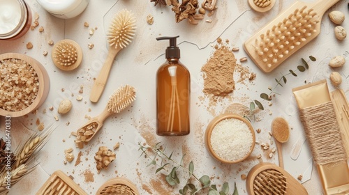 Natural Bath Products and Brushes Arranged Flat Lay