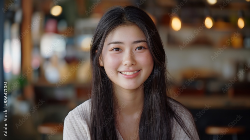 Warm Smiling Portrait of a Japanese Teenage Girl in a Cozy Cafe Setting for Social Media, Print, Poster Warm Smiling Portrait of a Japanese Teenage Girl in a Cozy Cafe Setting for Social Media, Print, Poster
