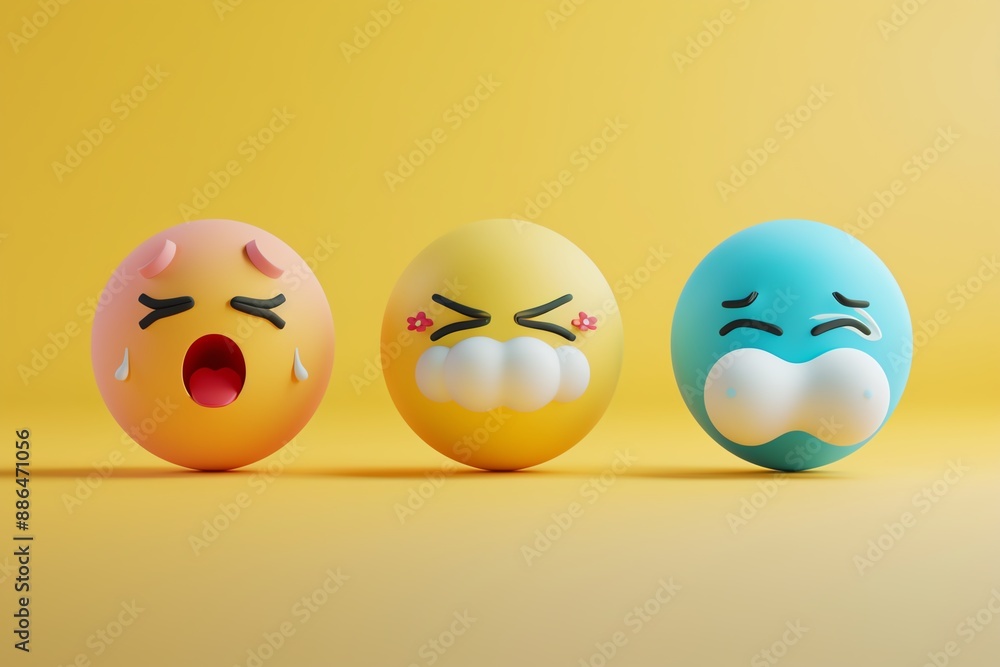 Three colorful 3D emoticons on yellow background expressing different emotions - tired, laughing, and sad. Perfect for mood and emotion concepts. Three colorful 3D emoticons on yellow background expressing different emotions - tired, laughing, and sad. Perfect for mood and emotion concepts.