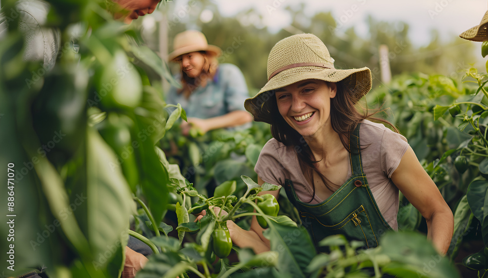 Fototapeta premium Female farmer picking ripe fresh green pepper with co-workers on plantation