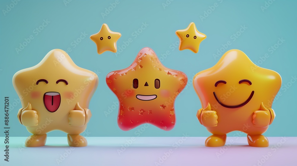 Obraz premium Cute 3D star characters with smiling faces in various expressions on a colorful background, perfect for children's themed designs.