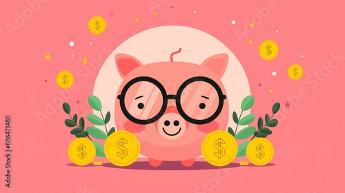 Cute pink piggy bank wearing glasses surrounded by gold coins and leaves on a pink background.  vector photo