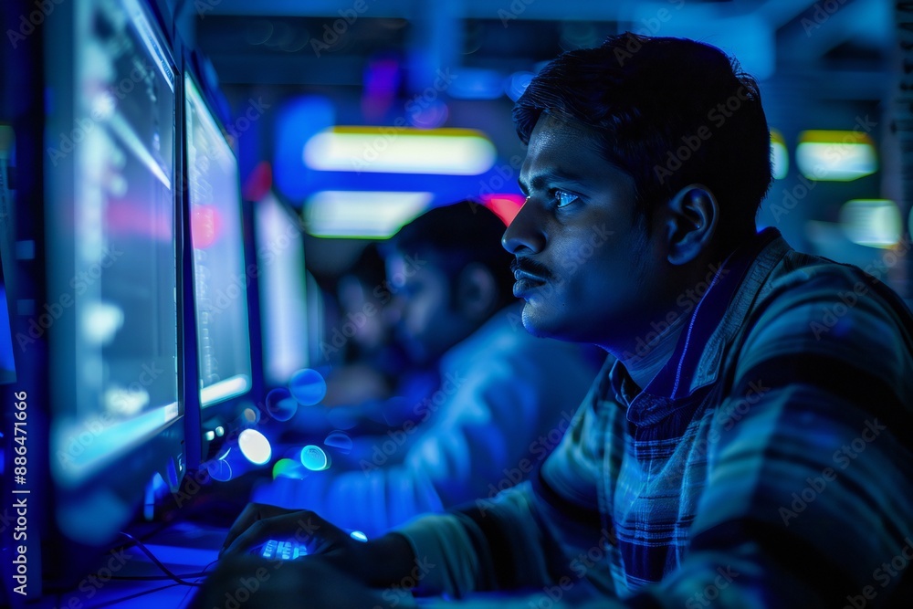 Information technology photography with Indian tech worker and computers in out of focus background Generative Ai Information technology photography with Indian tech worker and computers in out of focus background Generative Ai