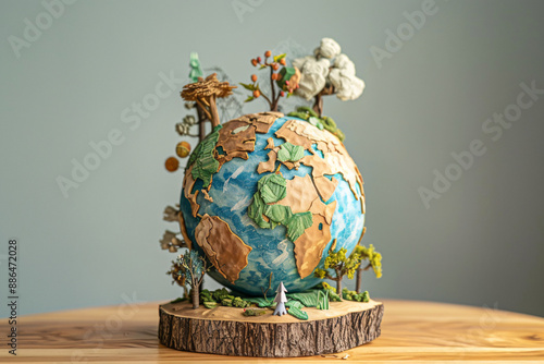 a model of the earth with trees and a small model of the earth