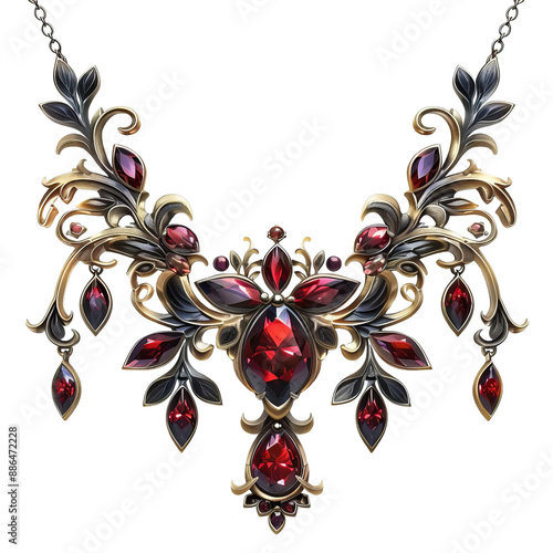 Elegant, ornate necklace adorned with red gemstones and intricate gold detailing, perfect for luxury and fashion-themed designs. photo