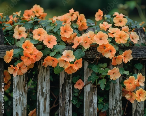 Vibrant Pyrostegia Venusta Plant with Orange Flowers Cascading Over Garden Fence photo