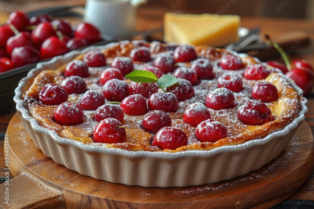 Clafoutis A cherry Clafoutis with a golden, custard-like texture. Served in a rustic baking dish with a dusting of powdered sugar. Clafoutis A cherry Clafoutis with a golden, custard-like texture. Served in a rustic baking dish with a dusting of powdered sugar.