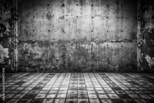 A black and white photo of an empty room with a tiled floor and a concrete wall