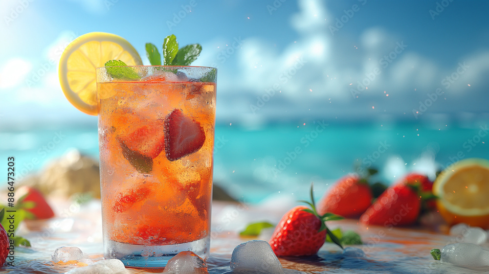 commercial photography,Tropical fruit cocktail with strawberries, lemon slices, and mint, served on a beachside table with ocean and blue sky in background, cocktail on right side of image, commercial photography,Tropical fruit cocktail with strawberries, lemon slices, and mint, served on a beachside table with ocean and blue sky in background, cocktail on right side of image,