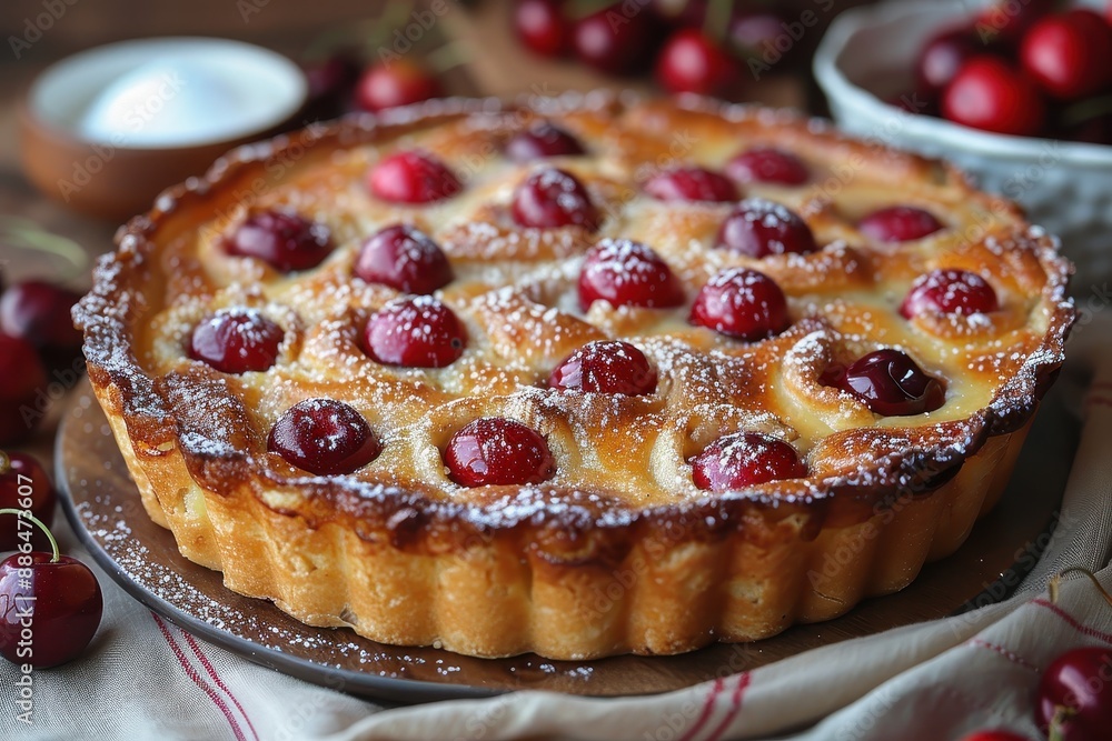 Clafoutis A cherry Clafoutis with a golden, custard-like texture. Served in a rustic baking dish with a dusting of powdered sugar. Clafoutis A cherry Clafoutis with a golden, custard-like texture. Served in a rustic baking dish with a dusting of powdered sugar.