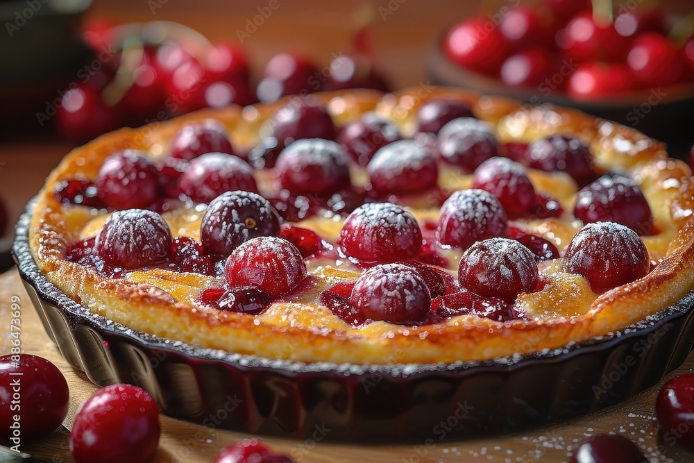 Clafoutis A cherry Clafoutis with a golden, custard-like texture. Served in a rustic baking dish with a dusting of powdered sugar. Clafoutis A cherry Clafoutis with a golden, custard-like texture. Served in a rustic baking dish with a dusting of powdered sugar.