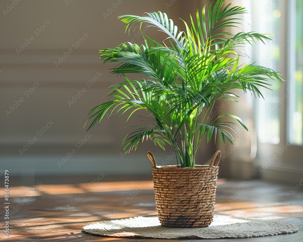 Serene Still Life: Areca Palm in Woven Basket in Bright Living Room with Natural Light Serene Still Life: Areca Palm in Woven Basket in Bright Living Room with Natural Light