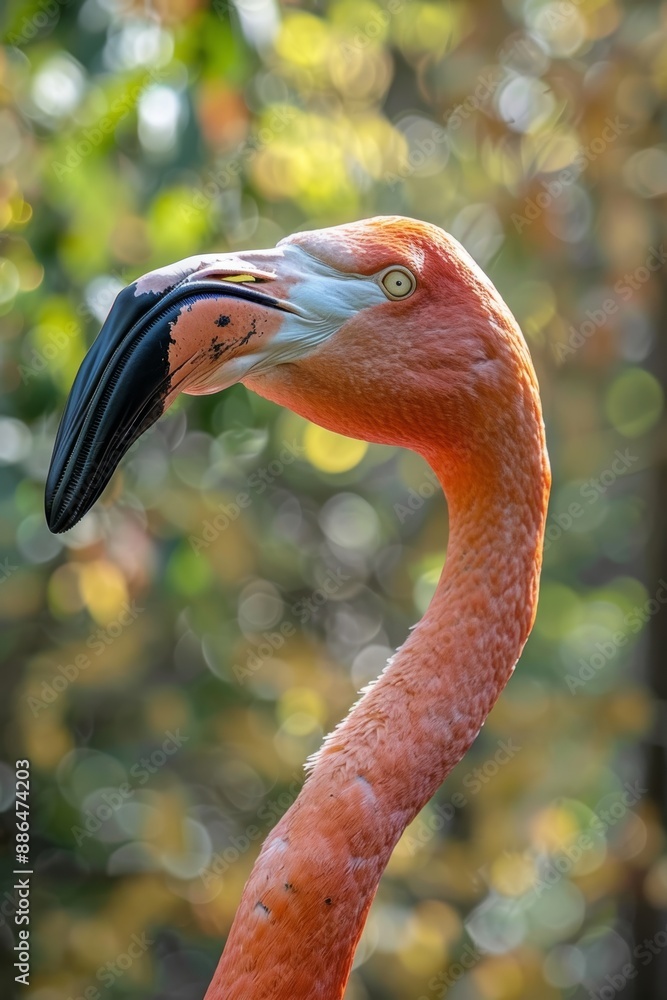 Fototapeta premium Close-up of a flamingo's head and neck with a blurred natural background