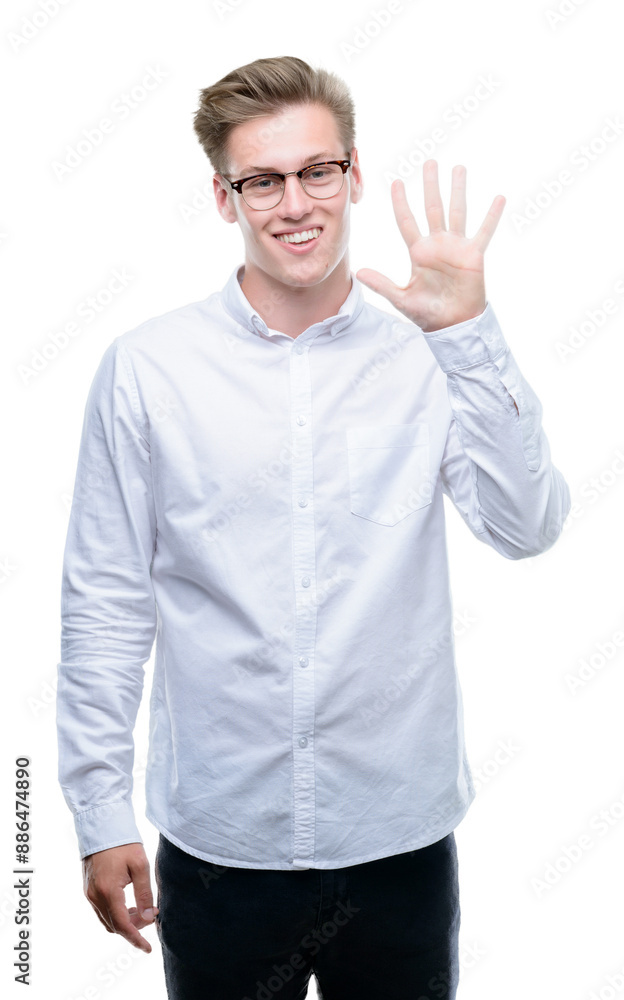 Young handsome blond man showing and pointing up with fingers number five while smiling confident and happy. Young handsome blond man showing and pointing up with fingers number five while smiling confident and happy.