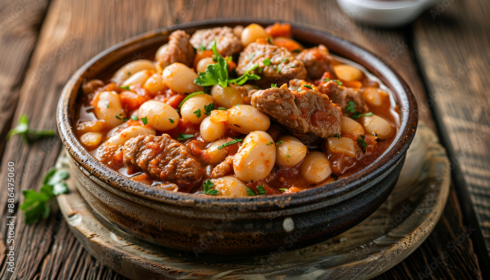 Steamed white beans with meat in tomato sauce on wooden table background Steamed white beans with meat in tomato sauce on wooden table background
