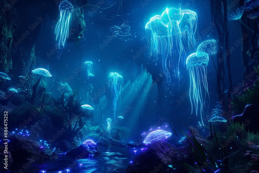 Fototapeta premium Bioluminescent Jellyfish in a Mystical Underwater Cave.