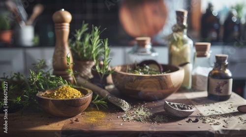 Herbs and Spices in a Rustic Kitchen