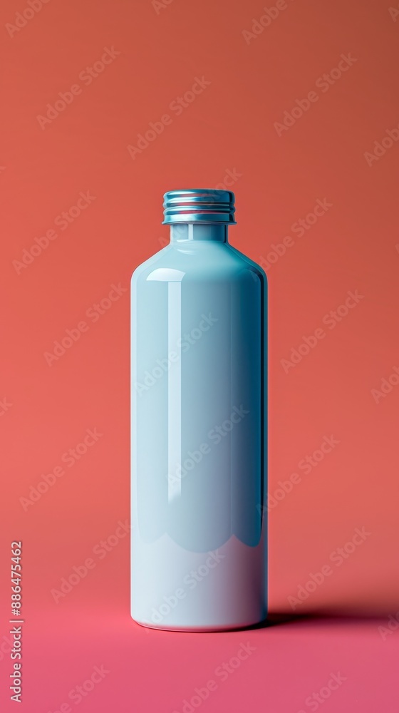 A clear bottle with a silver cap sits on a red background A clear bottle with a silver cap sits on a red background