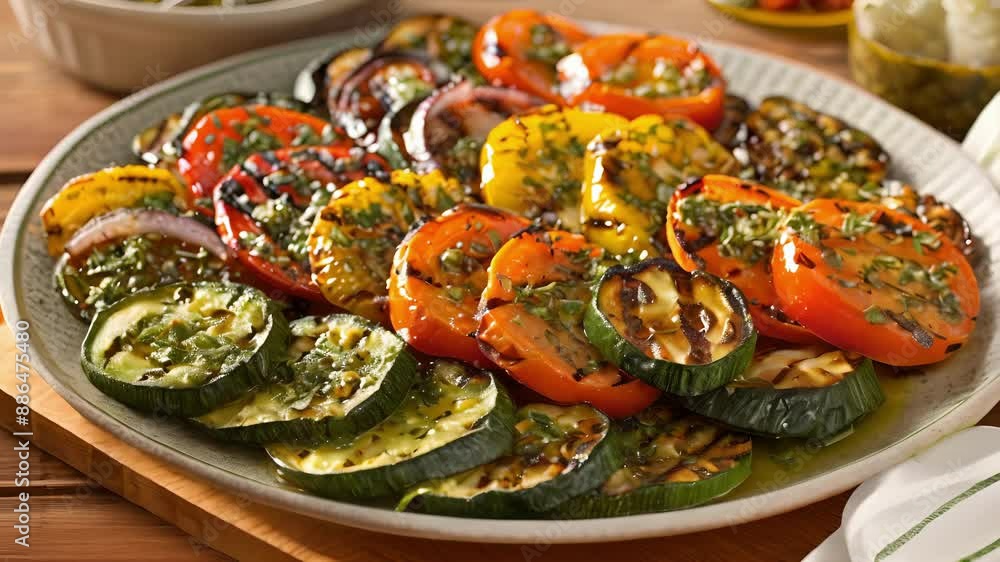 A plate of grilled vegetable slices drizzled with a flavorful herb vinaigrette for a refreshing twist. A plate of grilled vegetable slices drizzled with a flavorful herb vinaigrette for a refreshing twist.