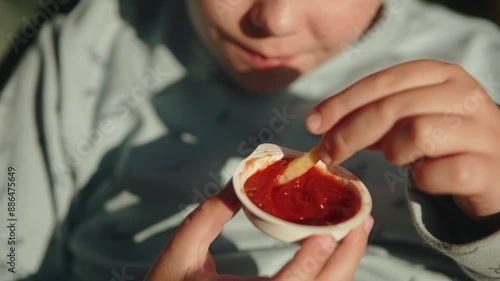 Caucasian child dips french fries in ketchup closeup and takes bite. Boy adds tomato sauce to fast food while snacking at sunset picnic. Popular crispy slice of potato in kid hand.
