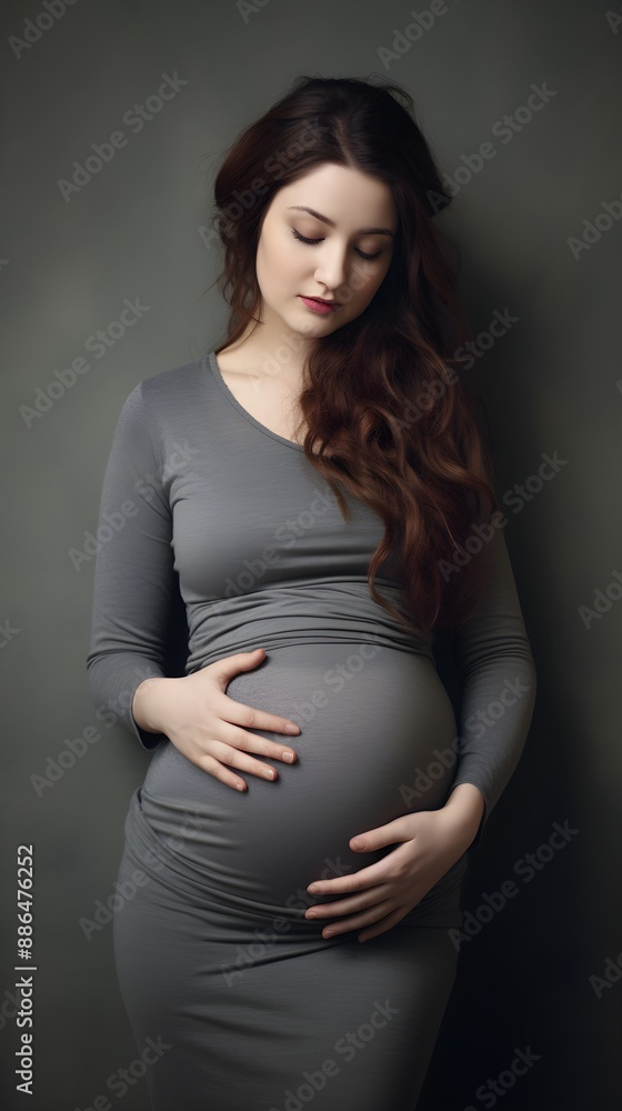 Pregnant Woman Hands On Stomach Holding Her Belly On Grey Background Pregnant Woman Hands On Stomach Holding Her Belly On Grey Background