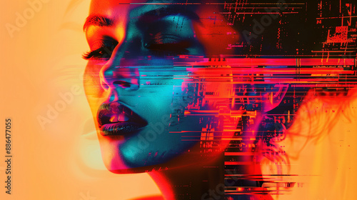 Beautiful female portrait with digital glitch