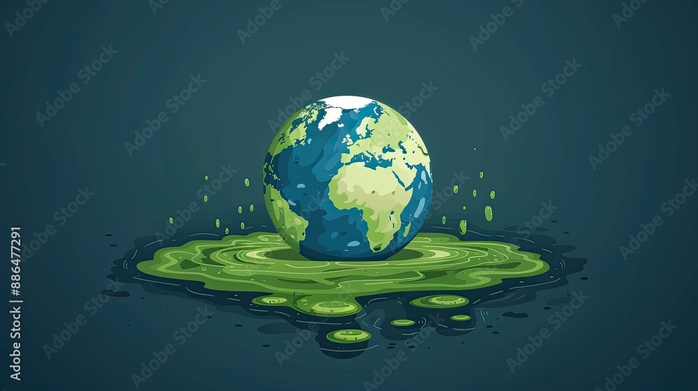 Fototapeta premium Cartoon illustration of Earth melting into green liquid, symbolizing climate change and environmental issues.