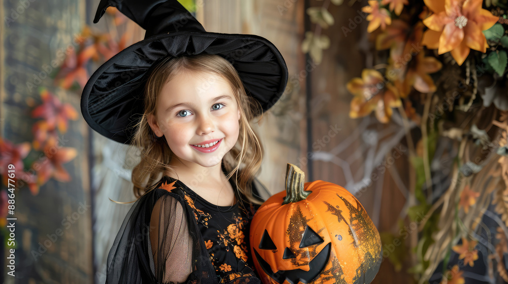 beautiful girl child in Halloween outfit and black witch hat with pumpkin in hands in autumn beautiful girl child in Halloween outfit and black witch hat with pumpkin in hands in autumn