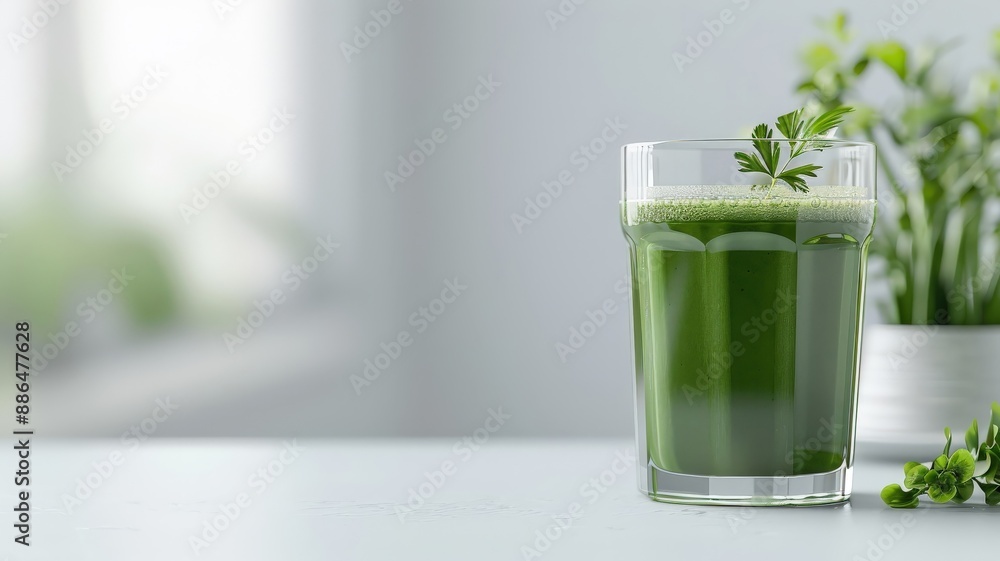 A minimalist composition of a glass of green juice against a white background. A minimalist composition of a glass of green juice against a white background.