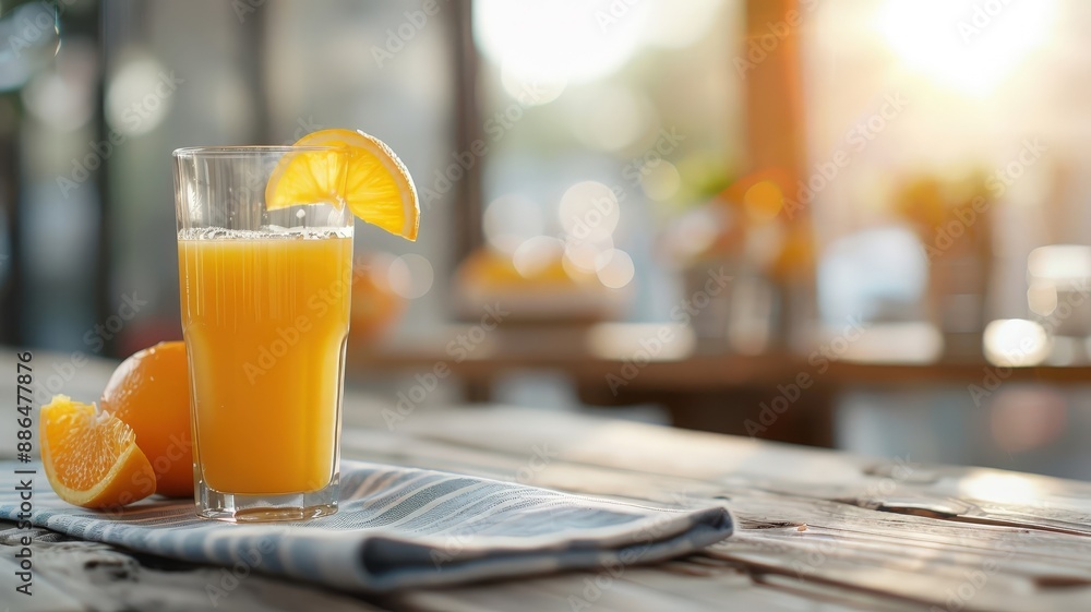 A glass of freshly squeezed orange juice on a rustic wooden table, bathed in warm sunlight. A glass of freshly squeezed orange juice on a rustic wooden table, bathed in warm sunlight.