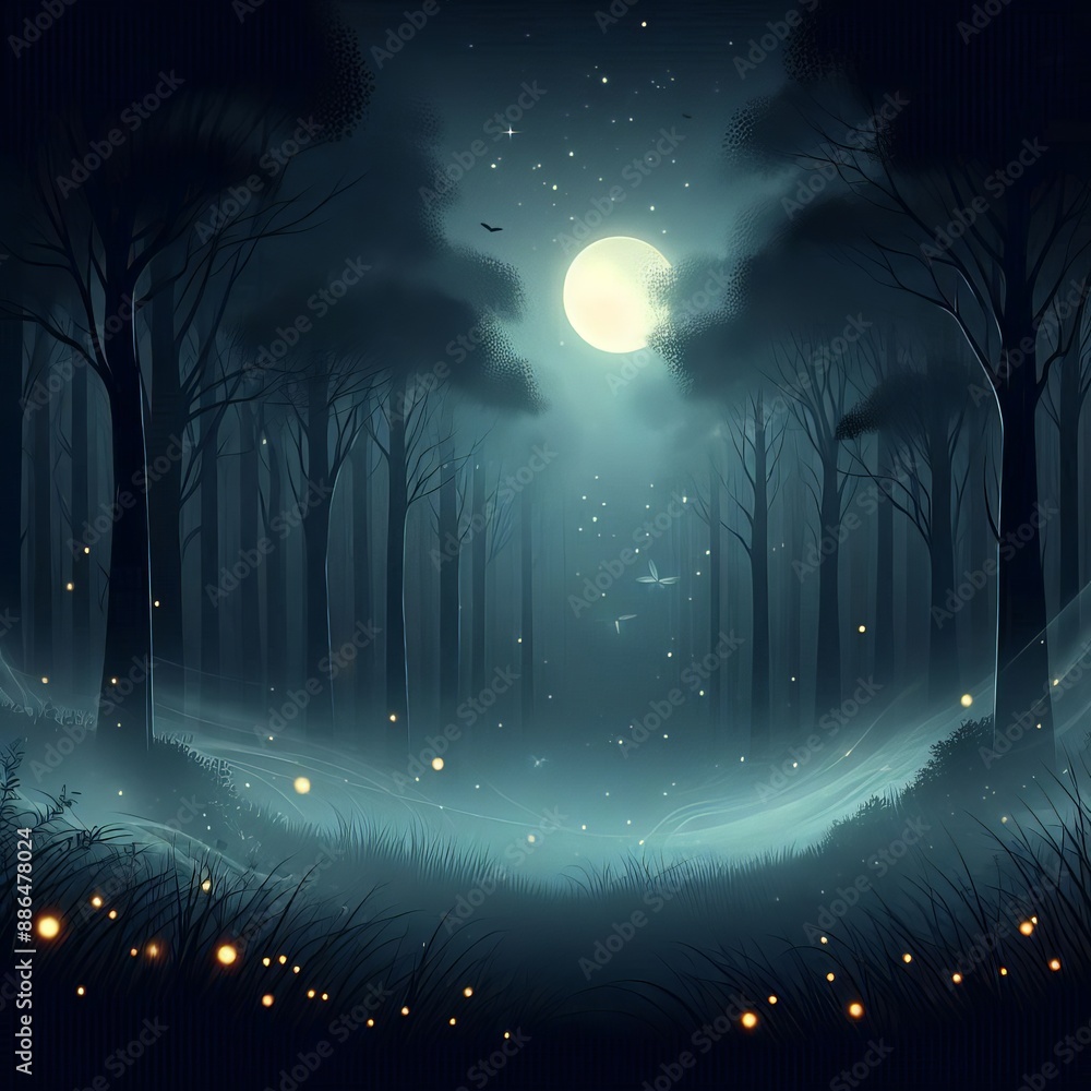 Obraz premium dark and mysterious forest at night with soft moonlight, fireflies, fog and starry skies