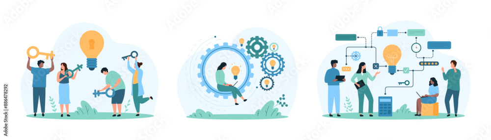 Business problem solving, productivity of solution set. Tiny people unlock access with key, moving gears mechanism with effective work, connect light bulb and tasks chart cartoon vector illustration Business problem solving, productivity of solution set. Tiny people unlock access with key, moving gears mechanism with effective work, connect light bulb and tasks chart cartoon vector illustration
