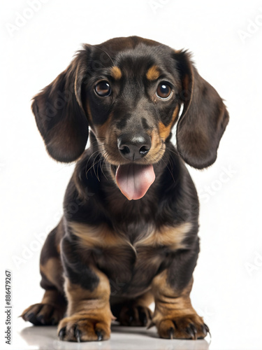 Cute little dachshund puppy sitting on a white background with his tongue out, hungry. Isolate