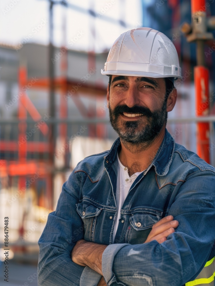 A person wearing a hard hat stands near a construction site, with equipment and building materials visible A person wearing a hard hat stands near a construction site, with equipment and building materials visible