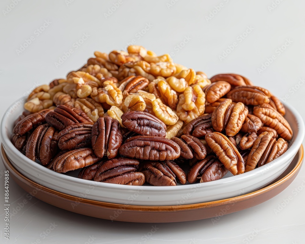 Nutty Delights - Neatly Arranged Plate of Whole and Chopped Pecans on White Surface, Simple Background for Food Photography Presentation Nutty Delights - Neatly Arranged Plate of Whole and Chopped Pecans on White Surface, Simple Background for Food Photography Presentation